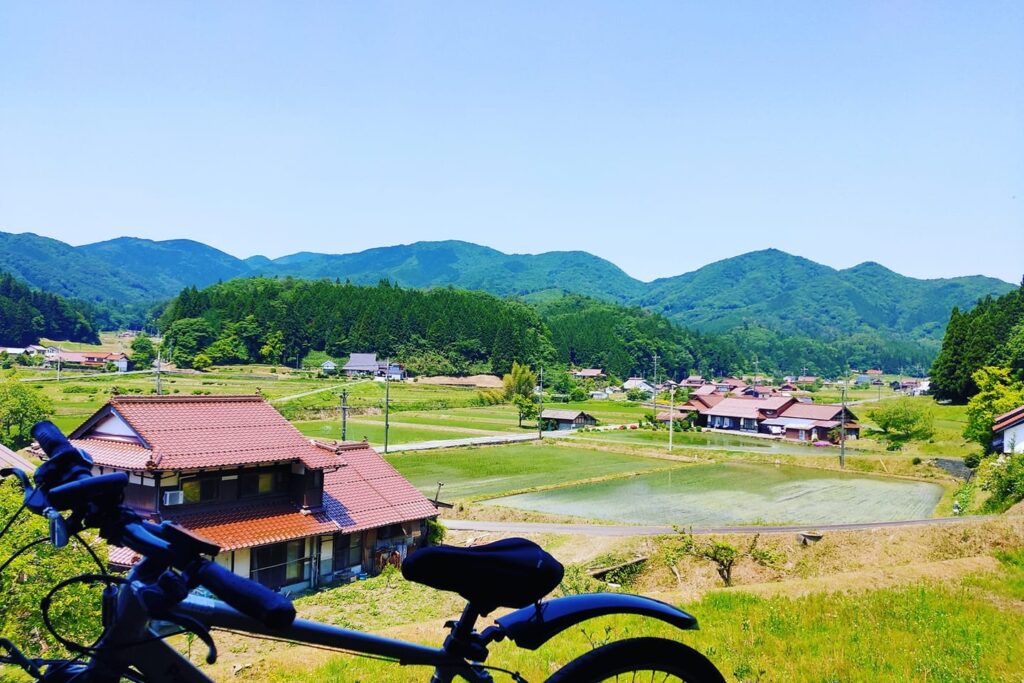 A rice field and farmhouses with a bike close to the camera under a cloudless blue sky in Oasa.